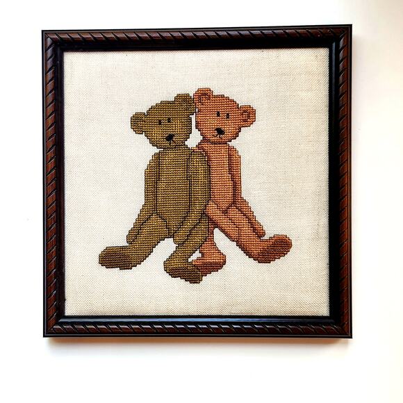 Vintage Framed Teddy Bear Cross Stitch – Handmade Needlepoint Art, Brown & Tan - Picture 3 of 9